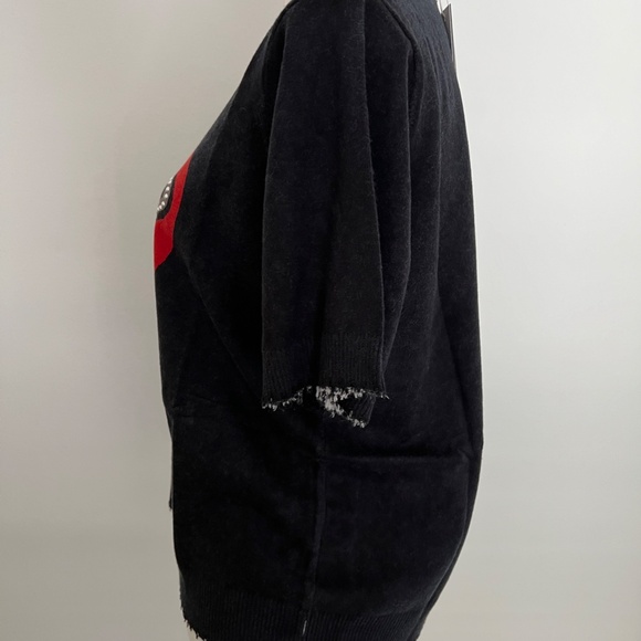 Minnie Rose Black Broken Heart Cotton Cashmere Frayed Short Sleeve Top Sweater - Picture 4 of 7